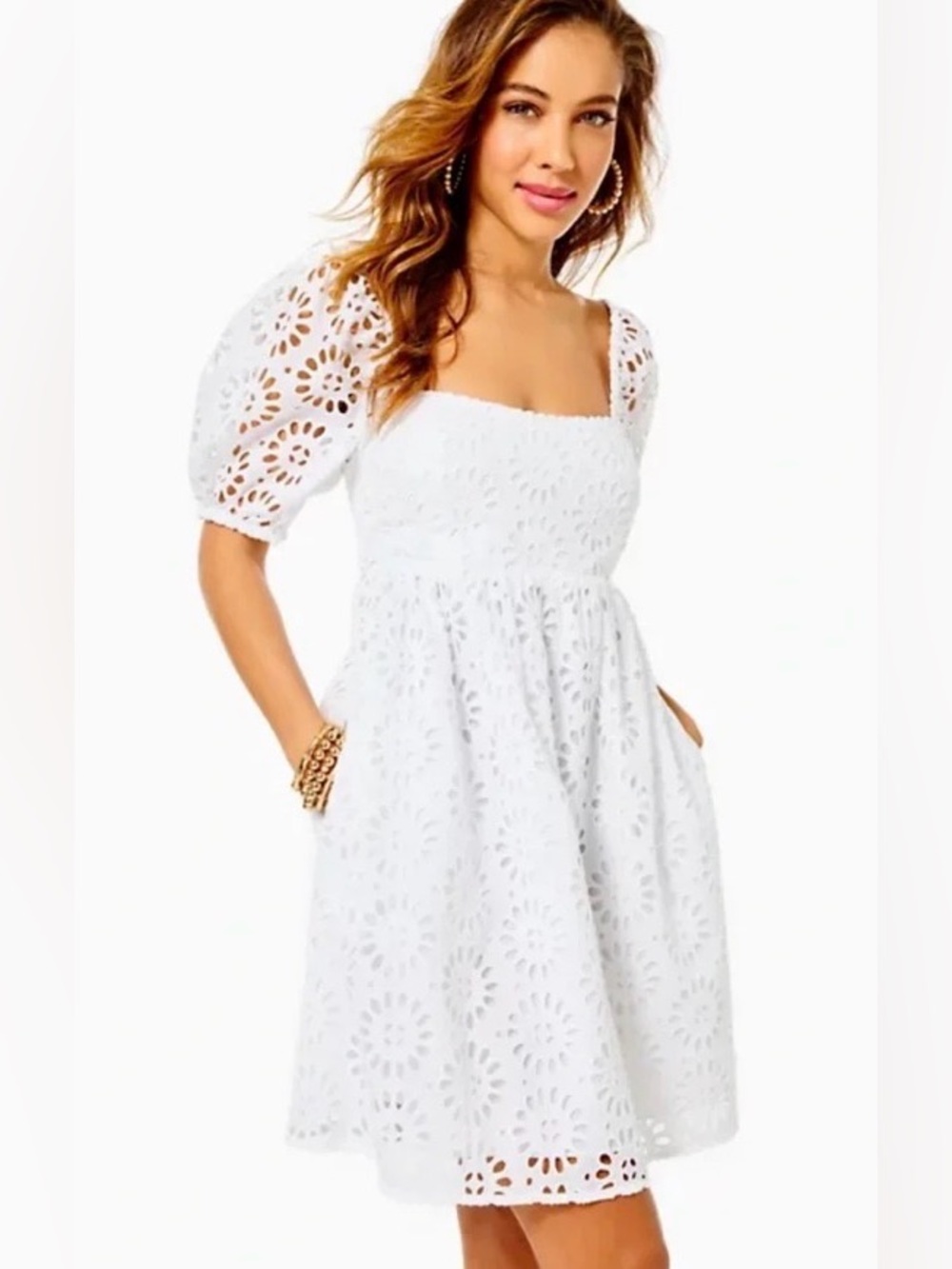 LILLY PULITZER NWT Kay Short Sleeve Eyelet Babydoll Dress Resort White Size 4